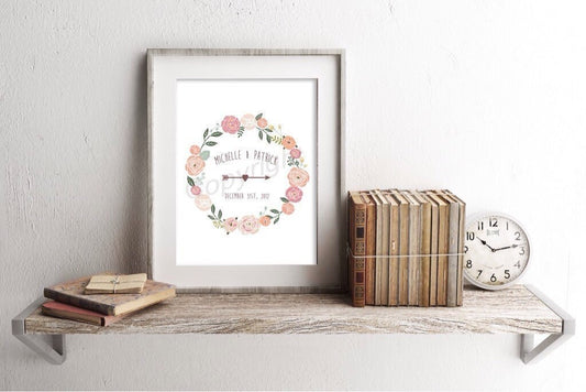 Beautiful Colored Wreath Custom Names and Date Wedding Anniversary Gift Art Print