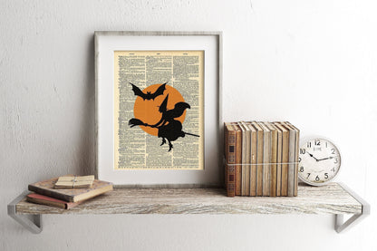 Witch Vintage Halloween Bat Moon Dictionary Art Print