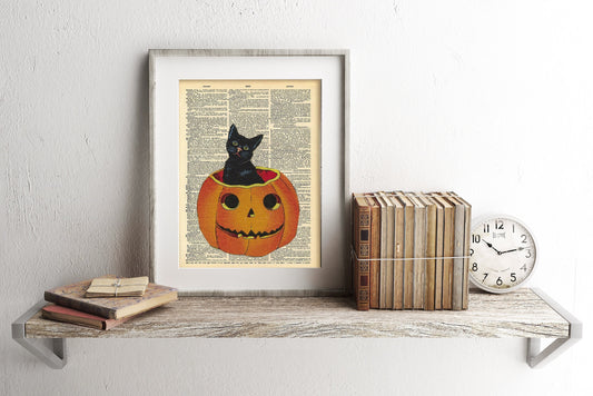 Halloween Cat in Pumpkin Dictionary Art Print