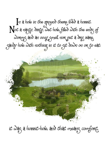 The Lord of the Rings The Shire Hobbit Hole Watercolor with Quote