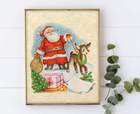 Christmas Vintage Santa and Rudolph Art Print