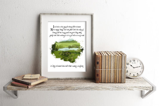 The Lord of the Rings The Shire Hobbit Hole Watercolor with Quote