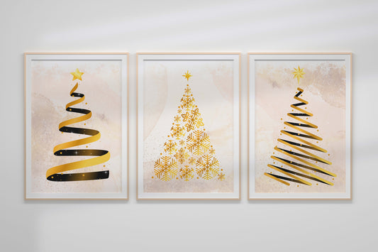 Christmas Tree Golden Boho 3 Print Set Wall Decor Art