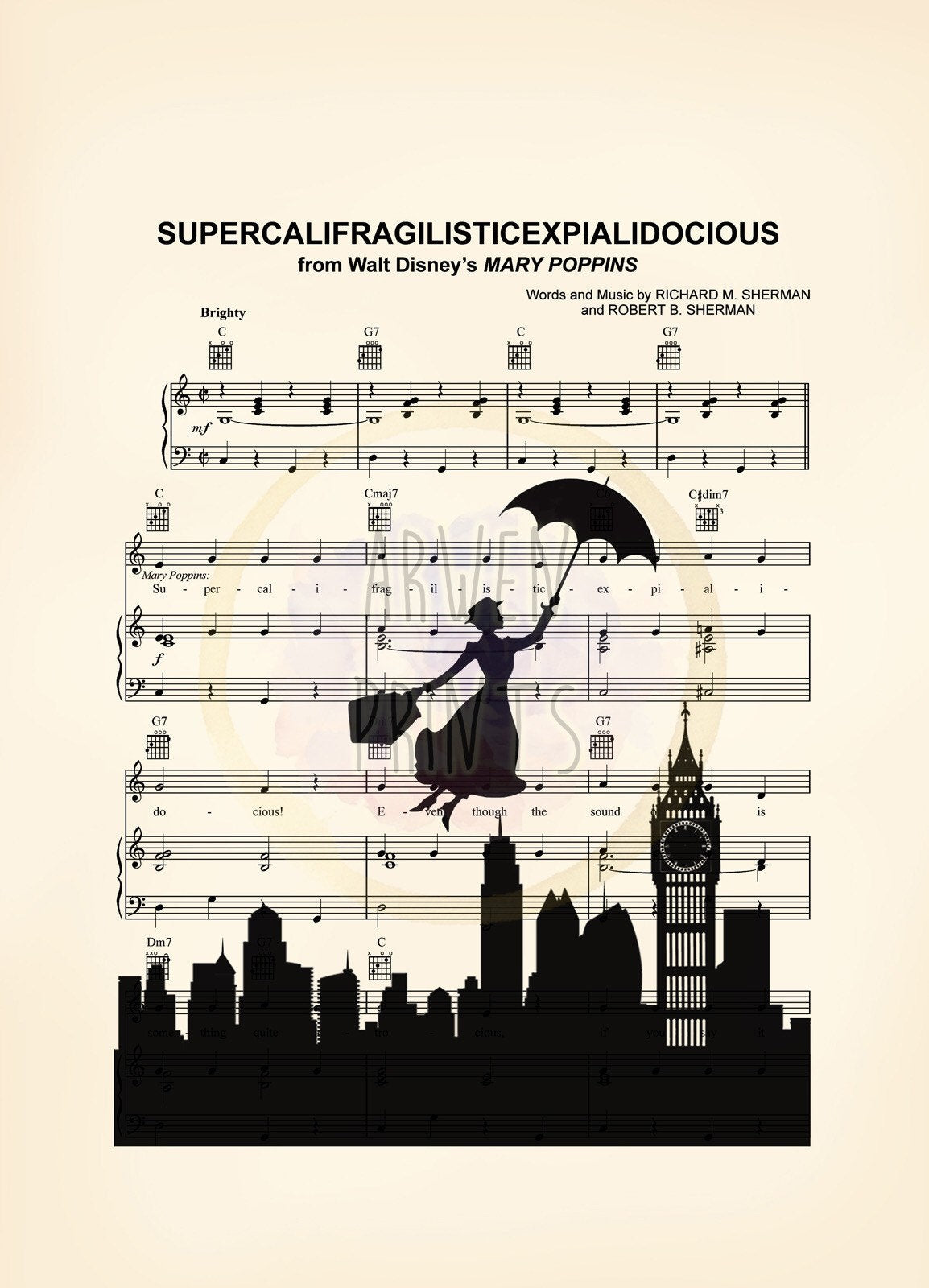 Mary Poppins Silhouette Disney Supercalifragilisticexpialidocious Sheet Music Art Print