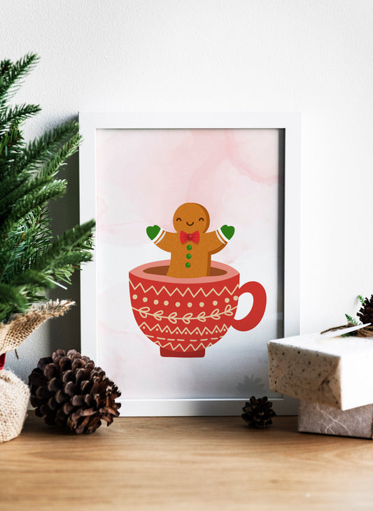 Gingerbread Man in Cup Cute Christmas Illustration Art Print