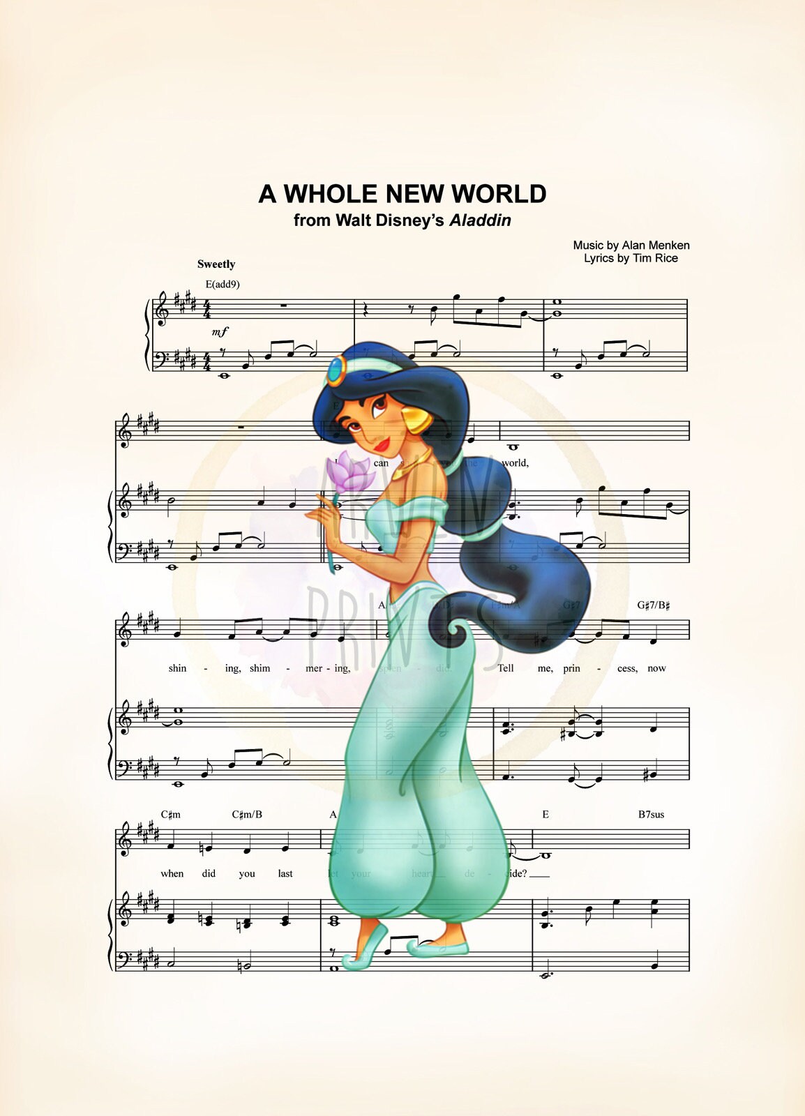 Aladdin Jasmine A Whole New World Disney Sheet Music Art Print