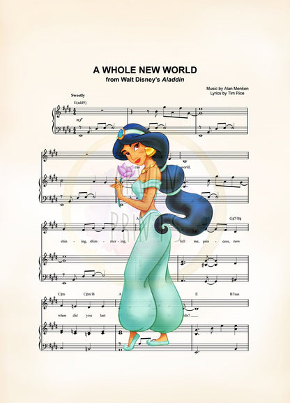 Aladdin Jasmine A Whole New World Disney Sheet Music Art Print