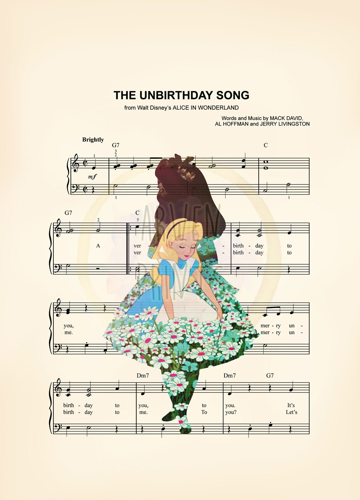 Alice in Wonderland Silhouette Sheet Music Art Print