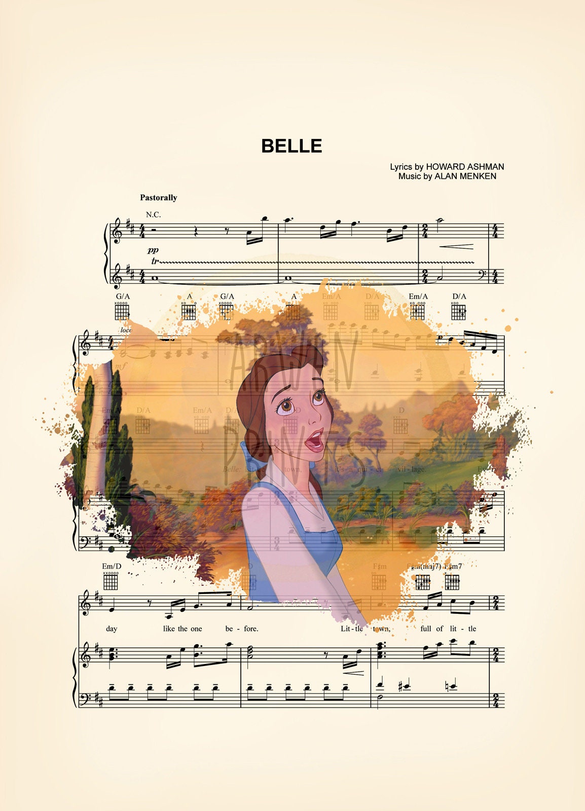 Beauty and the Beast Belle Singing Splatter Sheet Music Art Print