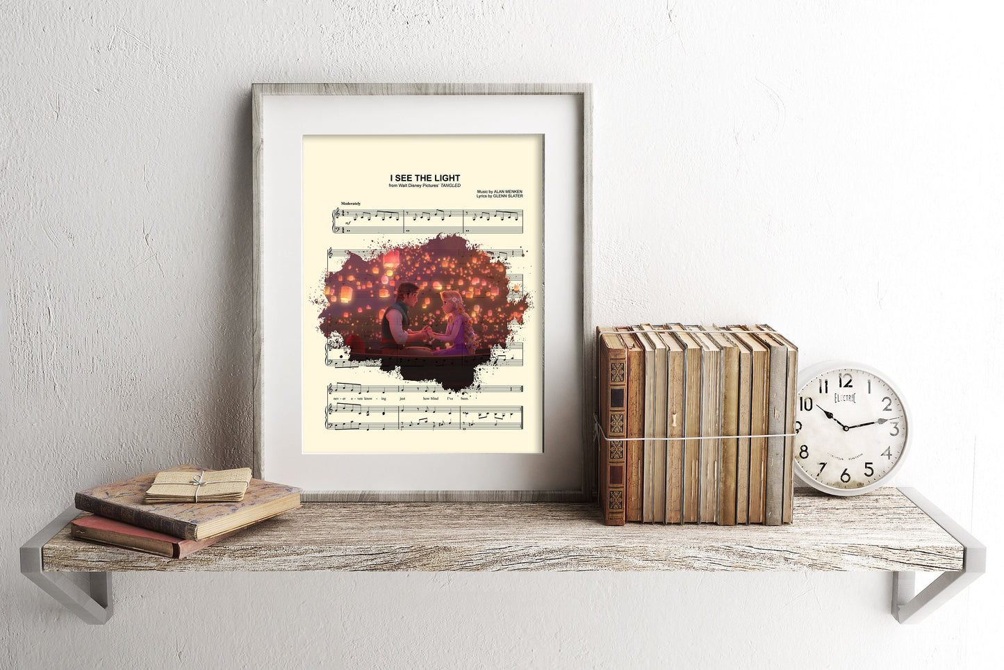 Tangled Rapunzel and Flynn Lanterns Splatter Sheet Music Art Print