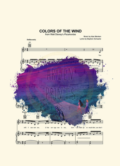 Pocahontas and John Smith Colors of the Wind Sheet Music Wall Art — Disney Gift for Music Lovers