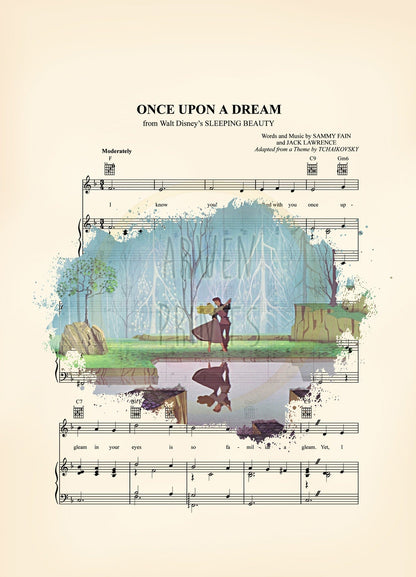 Sleeping Beauty Aurora and Prince Philip Splatter Sheet Music Art Print