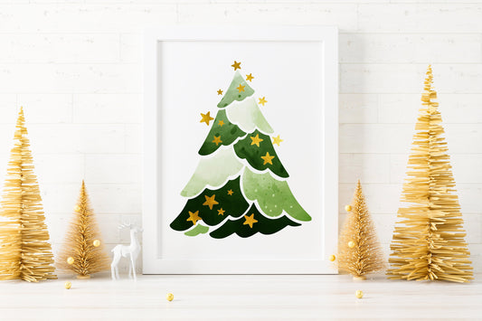 Boho Christmas Tree with Stars Illustration Art Print