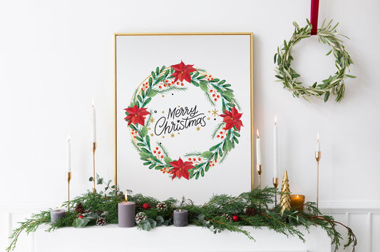 Merry Christmas Wreath Illustration Art Print