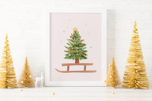 Christmas Tree Sled Illustration Art Print
