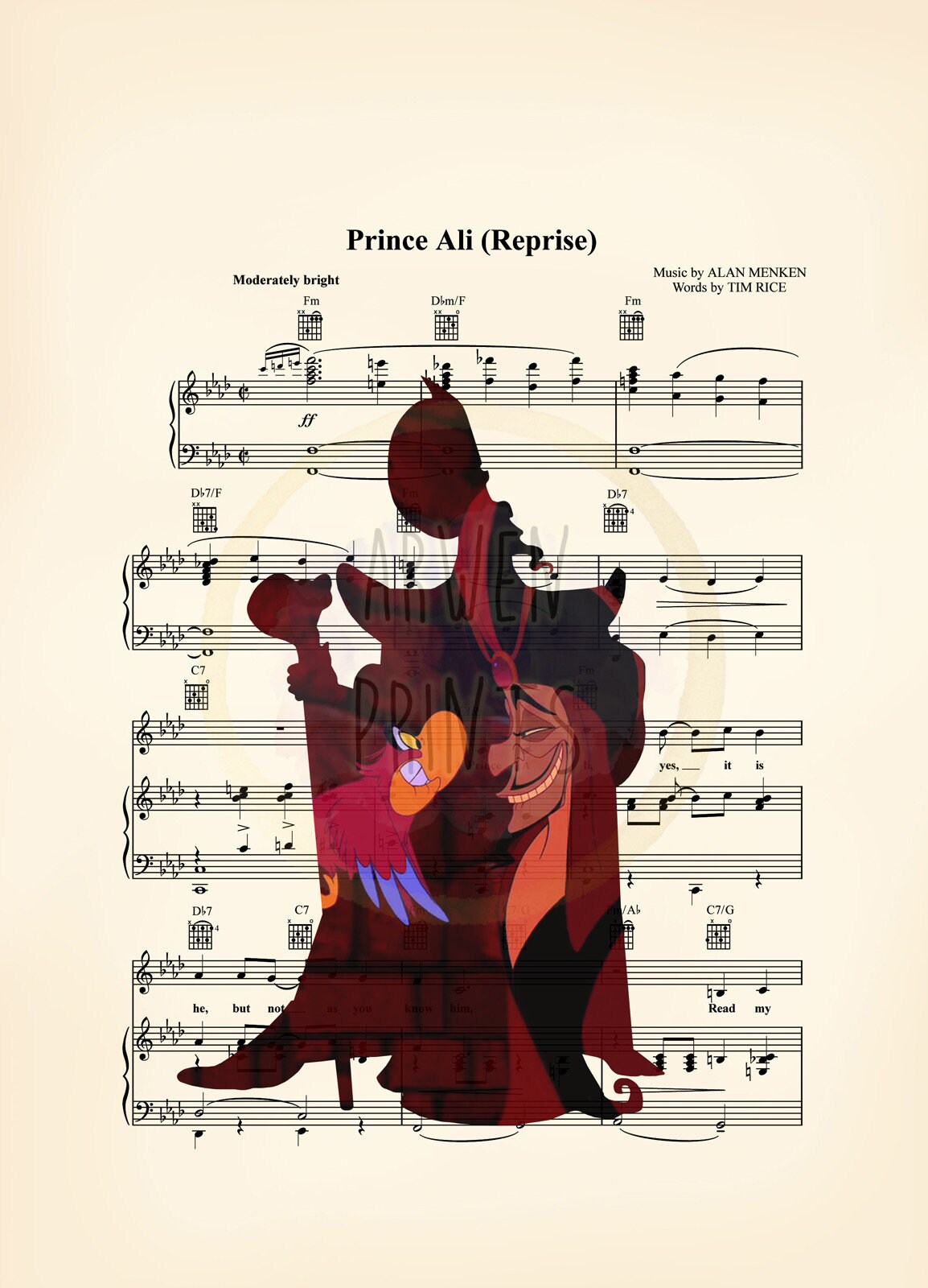 Aladdin Jafar and Iago Disney Silhouette Sheet Music Art Print