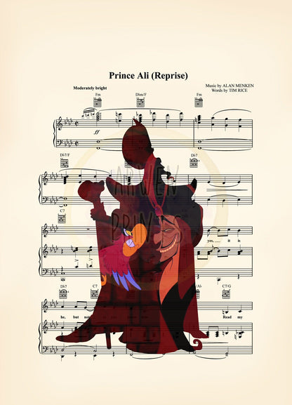 Aladdin Jafar and Iago Disney Silhouette Sheet Music Art Print