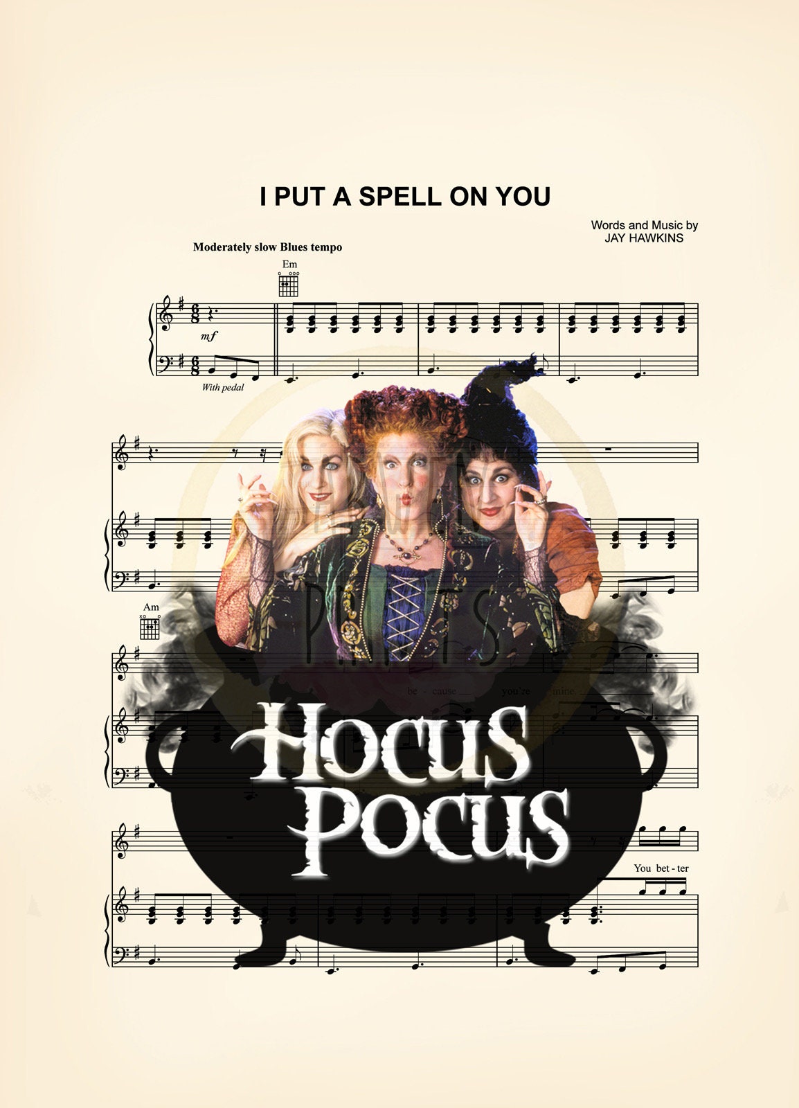 Hocus Pocus Halloween Sanderson Sisters Cauldron Disney Sheet Music Wall Art — Disney Gift for Music Lovers