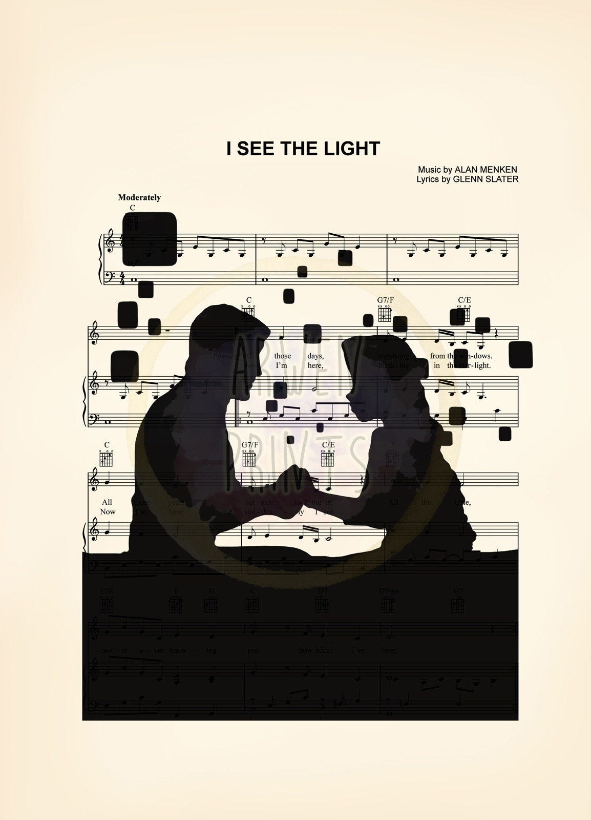 Tangled Lanterns Silhouette I See The Light Sheet Music Art Print
