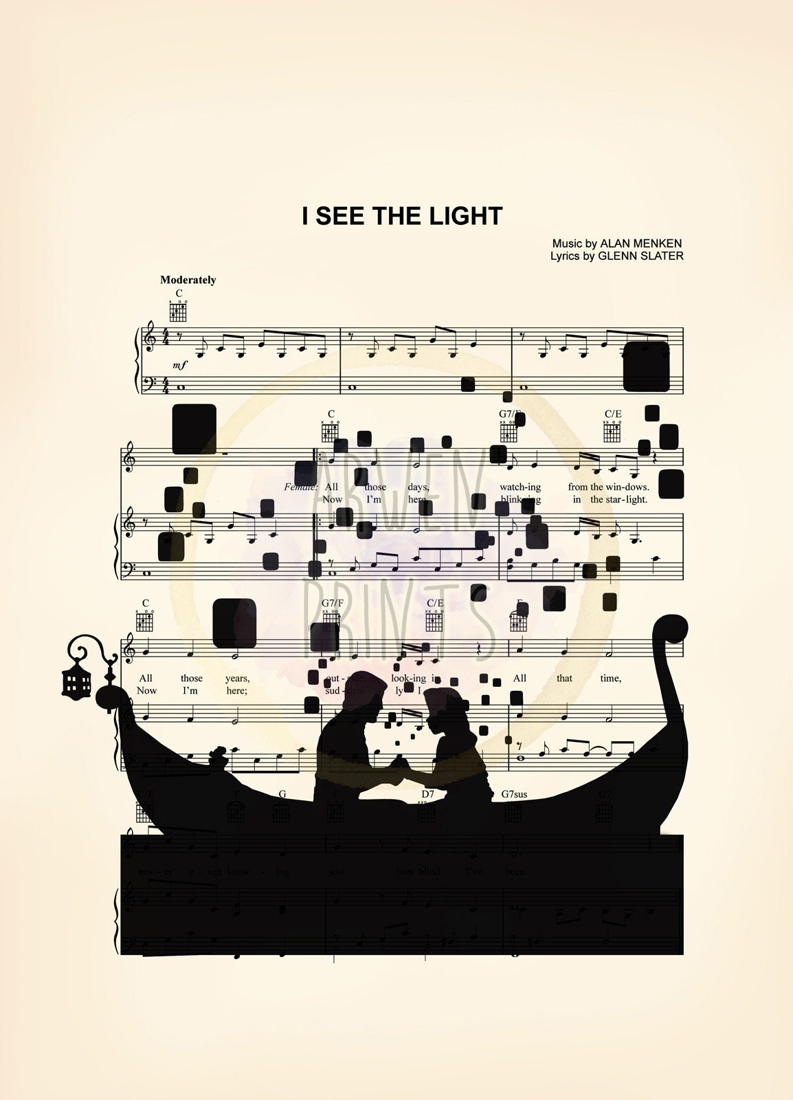 Tangled Rapunzel & Flynn Lanterns Silhouette Disney Sheet Music Art Print