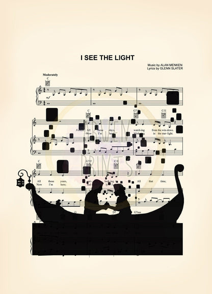 Tangled Rapunzel & Flynn Lanterns Silhouette Disney Sheet Music Art Print