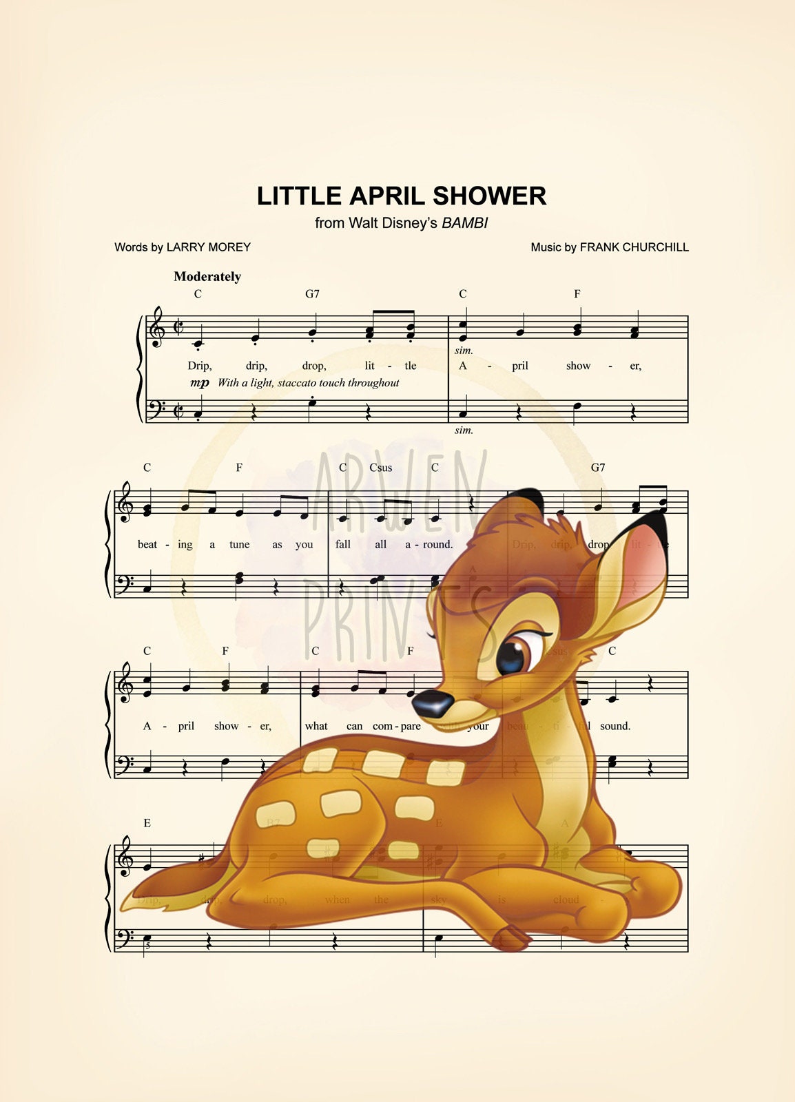 Bambi Disney Little April Shower Sheet Music Art Print