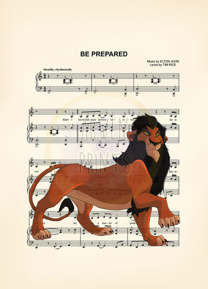 Lion King Scar Be Prepared Sheet Music Wall Art — Disney Gift for Music Lovers