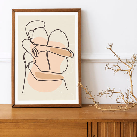 Couple Embracing, Couple Hug Boho Line Art Print