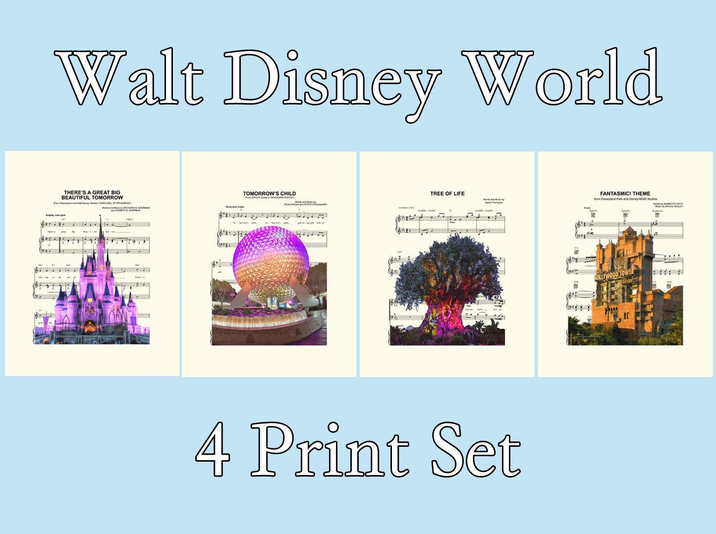 Walt Disney World Four Theme Parks Magic Kingdom, Epcot, Hollywood Studios, Animal Kingdom Sheet Music Art Print Set