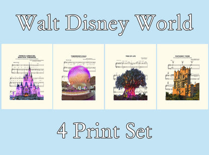 Walt Disney World Four Theme Parks Magic Kingdom, Epcot, Hollywood Studios, Animal Kingdom Sheet Music Art Print Set