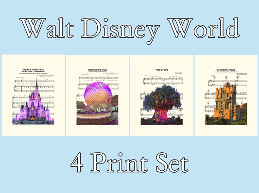 Walt Disney World Four Theme Parks Magic Kingdom, Epcot, Hollywood Studios, Animal Kingdom Sheet Music Art Print Set