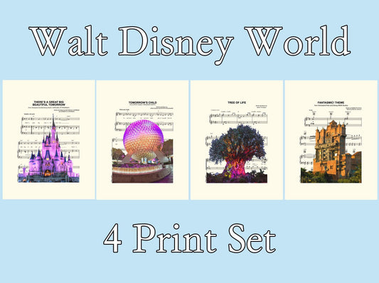 Walt Disney World Four Theme Parks Magic Kingdom, Epcot, Hollywood Studios, Animal Kingdom  Set Sheet Music Wall Art — Disney Gift for Music Lovers