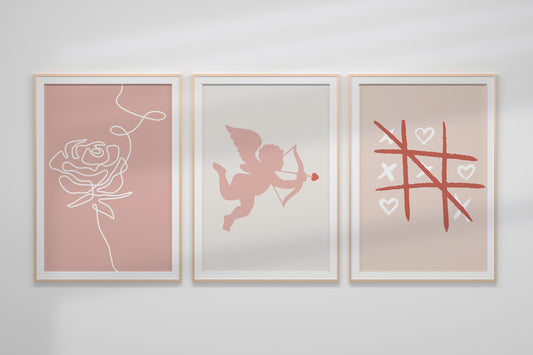 Valentine’s Day 3 Print Set, Cupid, TicTacToe, Rose