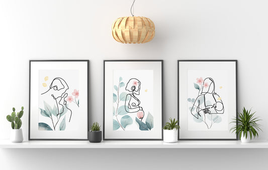 Couple Love Story Art, Line Art, Pregnancy Boho 3 Print Set, For Dad, For Mom