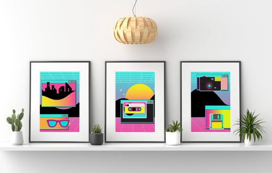 Eighties Inspired Wall Decor, Abstract Vintage Wall Art, Cool Eighties Design Art Print Set