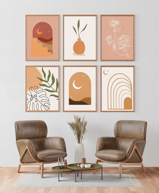 Nature Abstract Art, Moon and Plants Art, Abstract 6 Canvas Print Set Wall Art