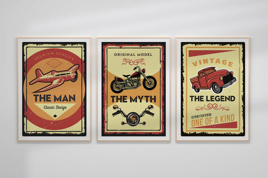 The Man, The Myth, The Legend, Retro Art, Classic Art, Vintage Art, Automobile Art, Airplane Art, Fathers Day Gift, Dad Gift, 3 Canvas Set