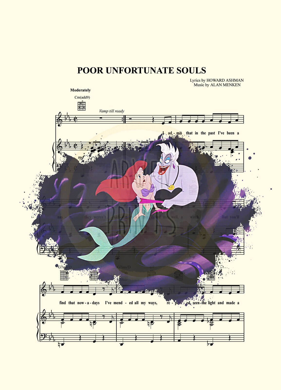 Little Mermaid Ariel and Ursula Splatter Poor Unfortunate Souls Sheet Music Art Print