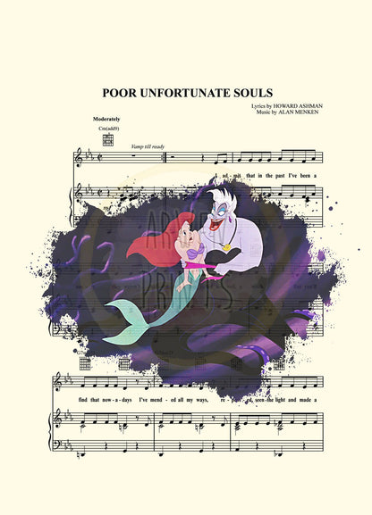 Little Mermaid Ariel and Ursula Splatter Poor Unfortunate Souls Sheet Music Art Print
