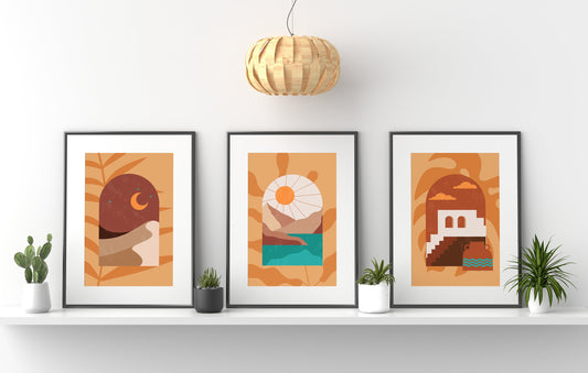 Boho Sky Art, Sun and Moon, Nature 3 Canvas Set Wall Art