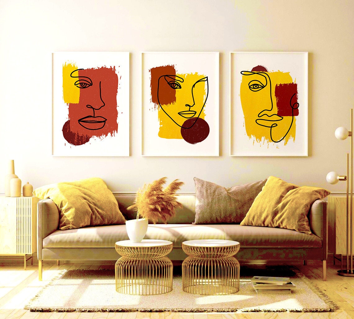 Abstract Faces Wall Decor, Paint Brush Stroke 3 Print Set Wall Art