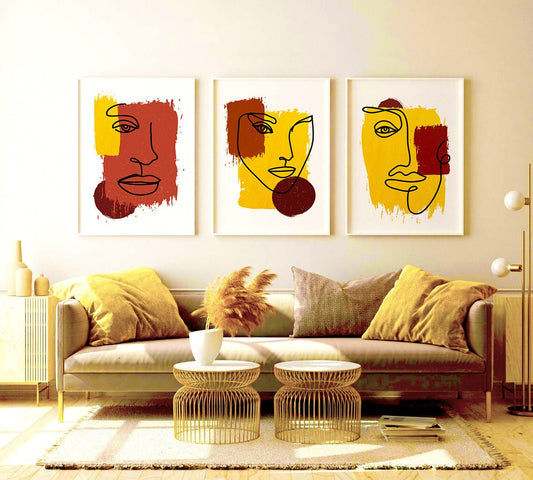 Abstract Faces Wall Decor, Paint Brush Stroke 3 Print Set Wall Art