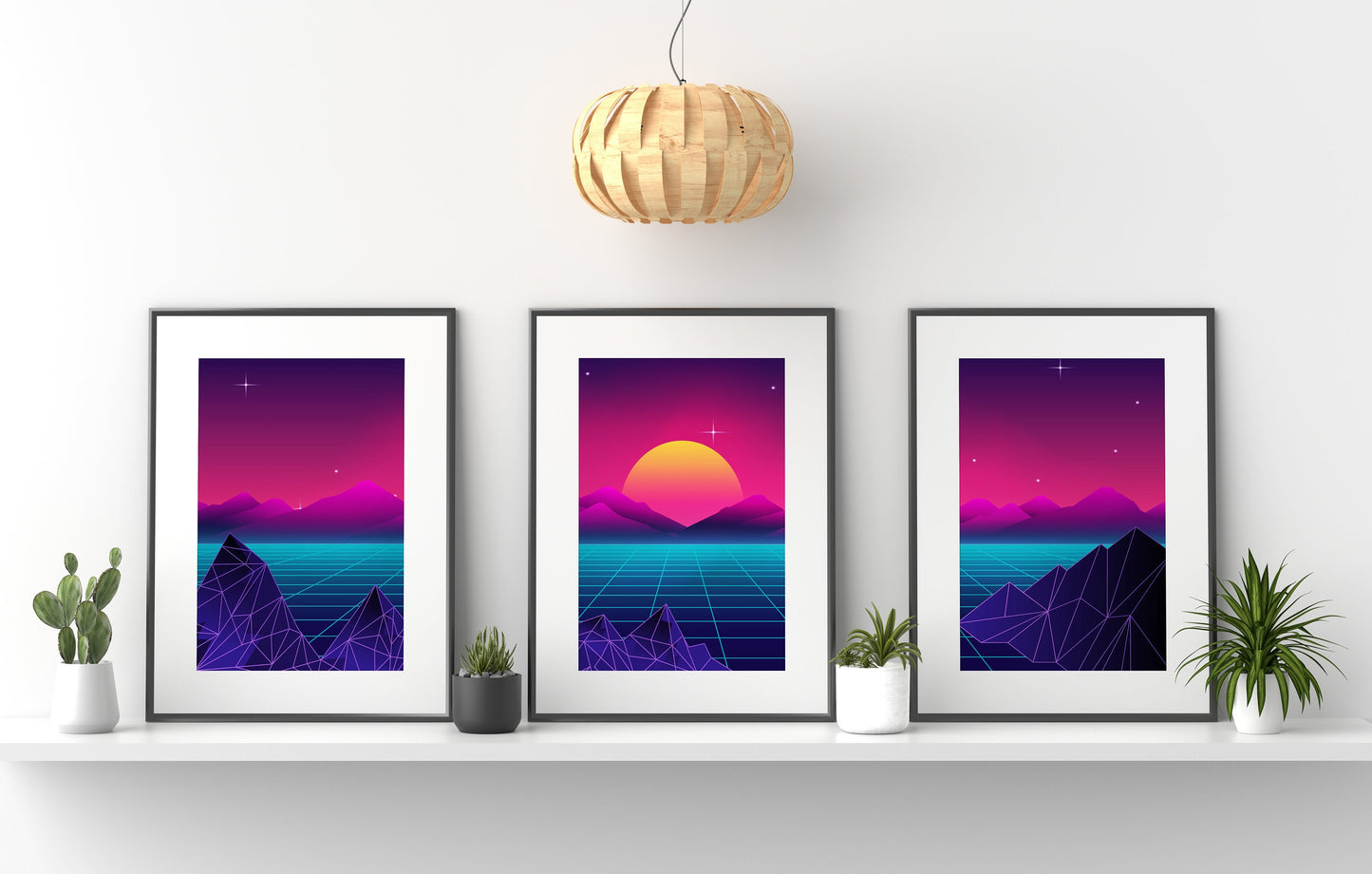 Retro Sci-fi Landscape Wall Decor, Nature Sunset 3 Canvas Set Wall Art