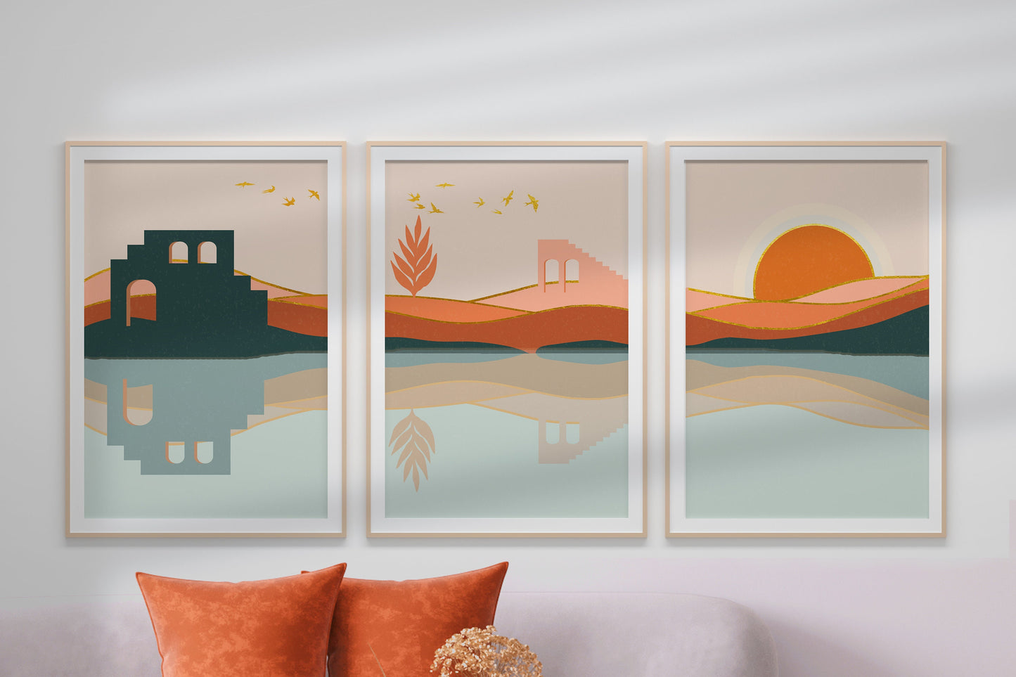 BoHo Landscape Print Wall Art Set of Three Geometric Desert Plants Abstract Illustration Mid Century Modern Art BoHo Decor