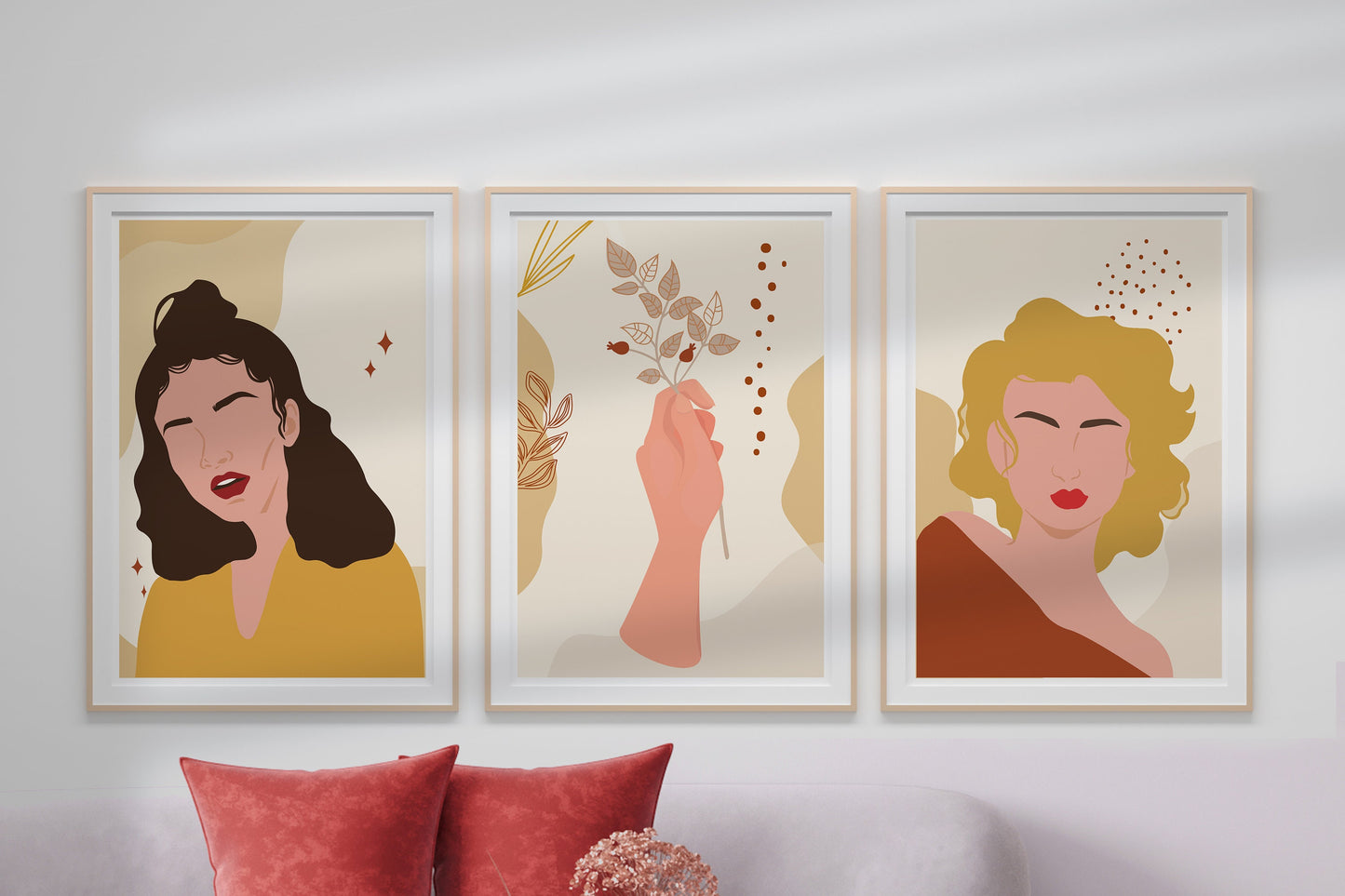 Boho Woman Feminine Art Print Set of Three Abstract Floral Woman Line Drawing Minimalist Colorful Woman Dried Plants Wall Art Print
