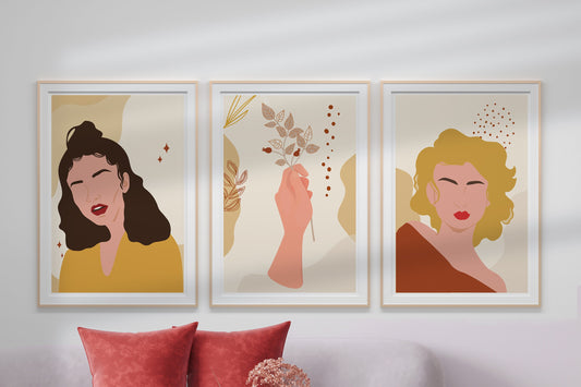 Boho Woman Feminine Art Print Set of Three Abstract Floral Woman Line Drawing Minimalist Colorful Woman Dried Plants Wall Art Print