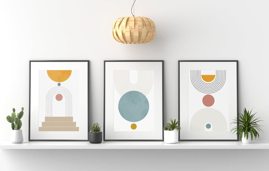 Mid Century Art Prints Set of Three Neutral Modern Wall Art Decor Geometric Lines BoHo Style Art Prints Earth Black Rainbow Printables