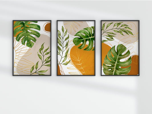 Boho Wall Art Set of Three Terracotta Earthtone Colors Abstract Shapes Posters BoHo Style Abstract Art BoHo Botanical Green Plants Leaves