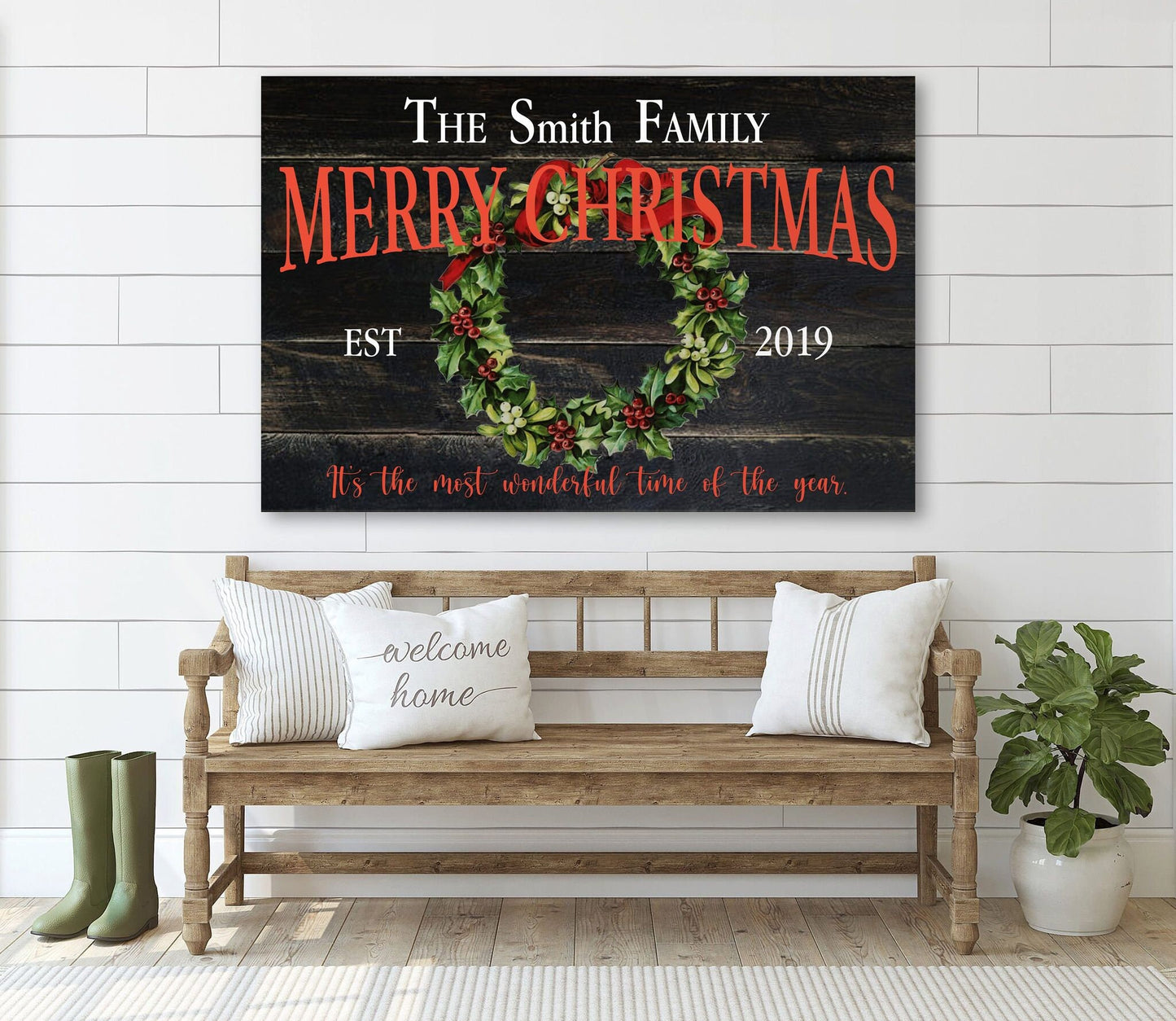 Christmas Custom Name Wreath Canvas Wall Decor
