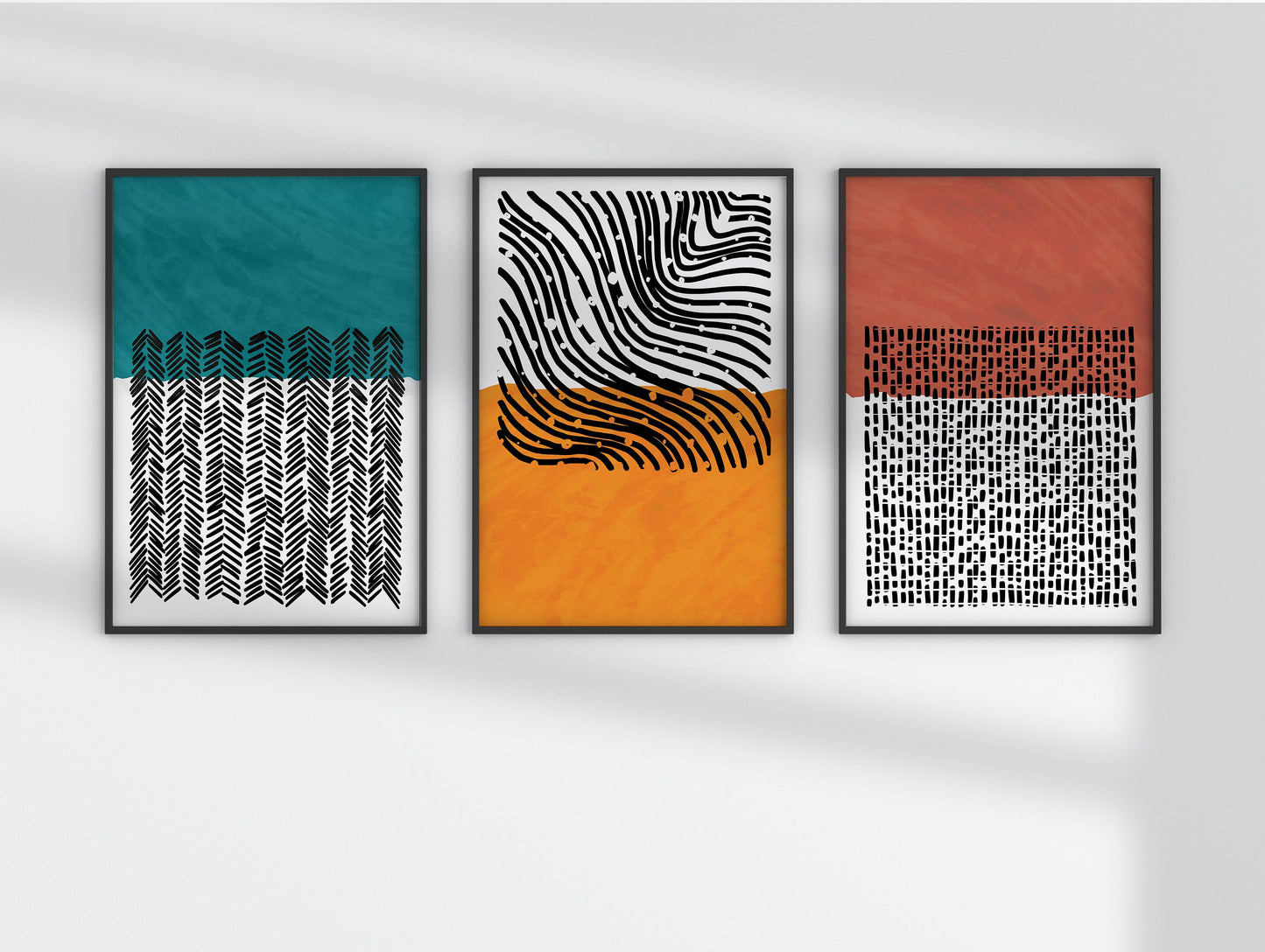 BoHo Wall Art Set of Three Black Patterns Against Colored Abstract Poster Geometric Prints Mid Century Modern Wall Poster